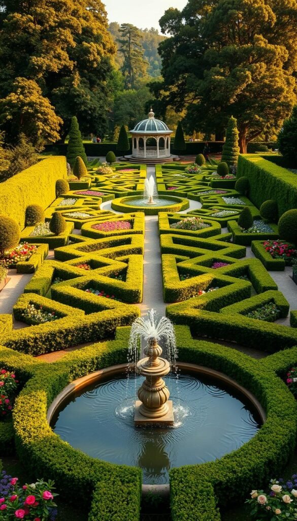 A lush, meticulously manicured parterre garden, its geometric patterns of neatly trimmed boxwood hedges and vibrant flower beds creating a captivating visual harmony. The foreground showcases a central fountain, its cascading waters reflecting the surrounding greenery and the warm, golden light casting a romantic glow. In the middle ground, intricate pathways wind through the ornamental plantings, leading the eye towards a distant gazebo or ornamental structure. The background features a backdrop of mature trees, their canopies filtering the sunlight and adding depth and dimension to the scene. The overall atmosphere evokes a sense of tranquility, elegance, and timeless beauty, perfectly suited for a rose garden design.