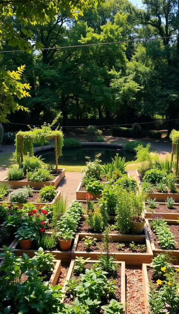 A lush, meticulously organized edible garden nestled in a serene, sun-dappled clearing. In the foreground, neatly arranged raised beds brimming with vibrant vegetables, herbs, and flowering plants. The middle ground features compact, vertically-trained fruit trees and trellised vines, maximizing the limited space. In the background, a tranquil pond reflects the verdant canopy of mature shade trees. Soft, warm lighting bathes the scene, casting gentle shadows and highlighting the verdant, thriving flora. The overall composition conveys a sense of harmony, productivity, and careful planning within a compact urban oasis.