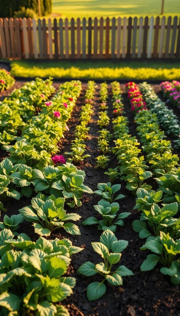 A lush, meticulously organized vegetable garden, with rows of thriving plants arranged in a block planting layout. The foreground showcases a variety of leafy greens, root vegetables, and vibrant flowering plants, their foliage casting intricate shadows on the rich, dark soil. In the middle ground, the layout reveals a precise grid system, with evenly spaced plant clusters maximizing the available space. The background features a neatly trimmed lawn, framed by a picturesque wooden fence, evoking a sense of order and efficiency. Soft, warm lighting illuminates the scene, casting a golden glow and enhancing the natural textures. The overall composition conveys a harmonious balance between maximized production and aesthetic appeal, perfectly suited for a home vegetable garden design.