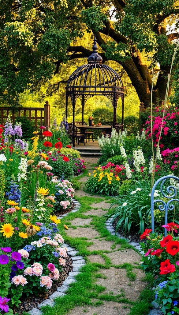 A lush, meticulously planned cottage garden layout, brimming with vibrant blooms and lush foliage. In the foreground, an ornate garden path winds through the colorful floral beds, inviting exploration. The middle ground showcases a harmonious arrangement of traditional perennials and whimsical annuals, expertly grouped for maximum visual impact. In the background, a wrought-iron gazebo stands as a focal point, its delicate silhouette framed by a mature tree canopy that casts a warm, natural light across the scene. The overall atmosphere exudes a sense of serene, timeless charm, perfectly suited for the "Planning and Planting Your Dream Garden" section of the article.