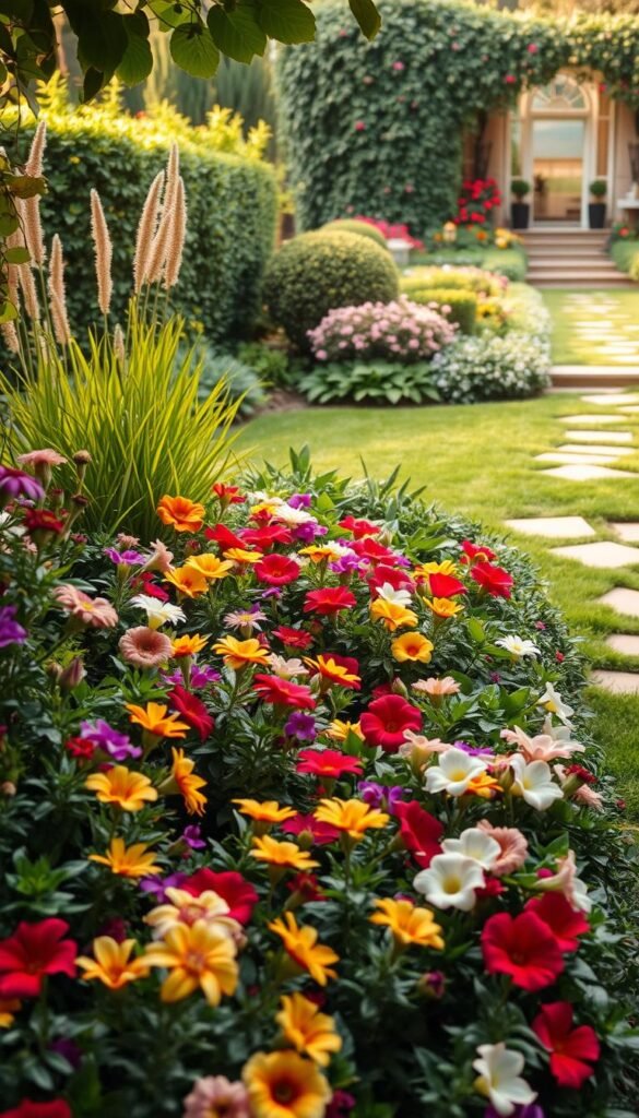 A lush, meticulously planned garden bed with a harmonious arrangement of vibrant flowers, verdant foliage, and captivating textures. The foreground showcases a variety of colorful blooms, their petals gently swaying in a soft breeze. The middle ground features a mix of tall, elegant plants and cascading vines, creating a sense of depth and visual interest. In the background, a well-manicured lawn and a picturesque garden path lead the eye towards a charming, inviting entryway. Warm, diffused sunlight filters through the scene, casting a warm, welcoming glow and accentuating the rich colors and intricate details. The overall composition exudes a sense of tranquility, balance, and a celebration of nature's beauty, perfectly capturing the essence of a thoughtfully designed garden bed.