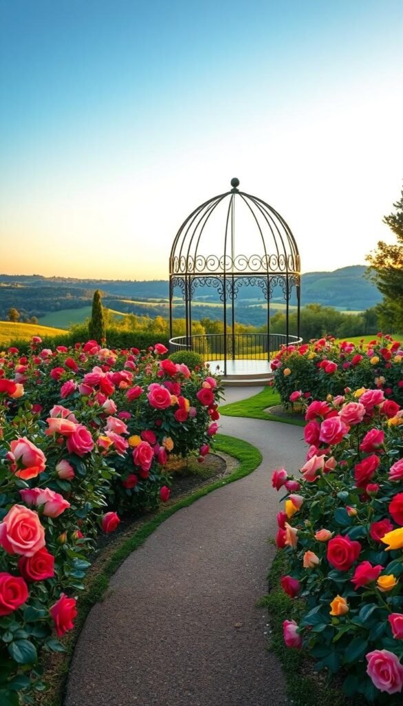 A lush, meticulously planned rose garden comes to life under the warm glow of an evening sun. In the foreground, a meandering path winds through a tapestry of vibrant red, pink, and yellow rose bushes, their petals gently swaying in a soft breeze. In the middle ground, a wrought-iron gazebo stands as the focal point, its elegant curves and latticed structure providing a romantic backdrop for the blooms. The background is filled with a verdant landscape of rolling hills and a cloudless azure sky, creating a serene and timeless atmosphere. The overall composition evokes a sense of timeless elegance and the beauty of carefully cultivated nature.
