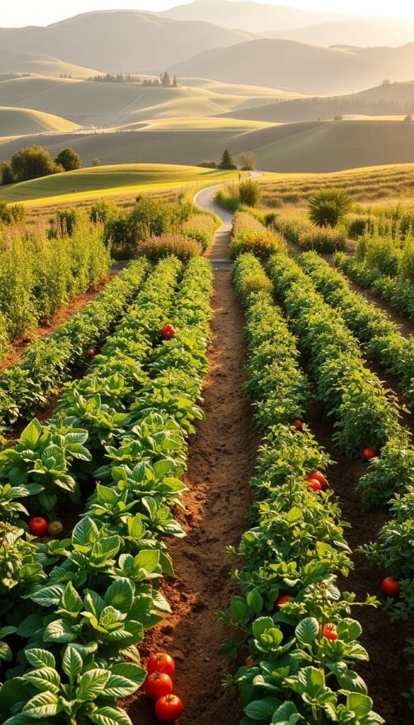 A lush, meticulously planned vegetable garden with rows of thriving produce set against a backdrop of rolling hills. The foreground features a neatly organized block planting layout, with rows of leafy greens, vibrant tomato plants, and various other vegetables arranged in a harmonious pattern. The middle ground showcases a winding path lined with fragrant flowers, inviting the viewer to explore the garden. Warm, natural lighting bathes the scene, creating a serene and inviting atmosphere. The composition is captured from a slightly elevated angle, showcasing the intricate design and efficient use of space. The overall image conveys a sense of tranquility, abundance, and the joy of cultivating a productive and visually appealing vegetable garden.