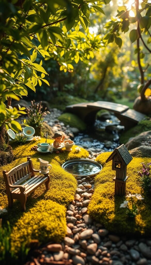 A lush, miniature fairy garden setup nestled in a secluded corner, bathed in soft, golden sunlight filtering through the canopy of verdant foliage. In the foreground, a whimsical assortment of handcrafted fairy-sized furniture, including a quaint bench, a delicate tea set, and a miniature birdhouse. The middle ground features a winding path of pebbles leading to a tranquil pond, surrounded by a carpet of vibrant moss and tiny, blooming flowers. In the background, a gently arched bridge spans a babbling brook, creating a sense of enchantment and wonder. The overall atmosphere is one of enchantment, inviting the viewer to step into this enchanted realm and explore the delicate details of this meticulously crafted fairy garden.
