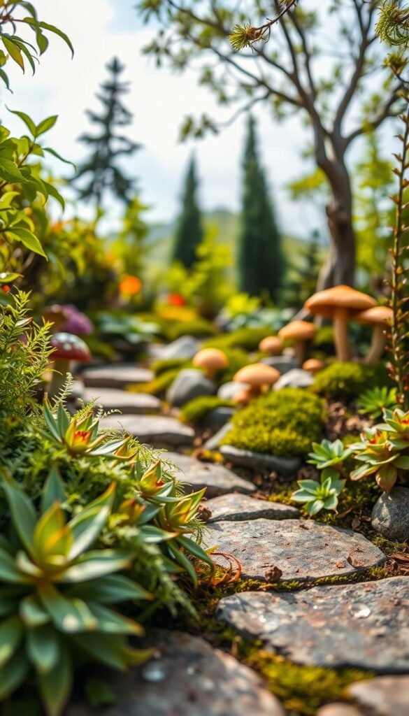 A lush, miniature garden of vibrant flora, captured in a warm, natural light. In the foreground, delicate succulents and ferns cascade down a weathered stone pathway, their leaves glistening with dew. Towering in the middle ground, tiny trees and shrubs sway gently, their branches reaching towards a soft, azure sky. Tucked between the greenery, a scattering of enchanting mushrooms and moss-covered stones create a whimsical, enchanted atmosphere. The scene is framed by a shallow depth of field, drawing the viewer's eye towards the center of this enchanting, fairy-like oasis.
