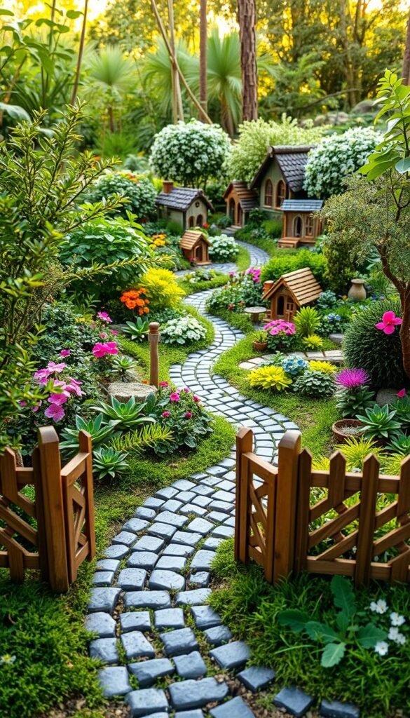 A lush, miniature garden with a winding cobblestone pathway leading through a verdant landscape. In the foreground, a charming wooden fence with intricate lattice detailing encloses the scene, creating a sense of whimsy and enclosure. The middle ground features an array of meticulously placed miniature plants, including vibrant flowers, delicate ferns, and carefully trimmed shrubs, all bathed in the warm glow of a late afternoon sun. In the background, a cluster of tiny, enchanting fairy houses nestled among the foliage, inviting the viewer to imagine the magical inhabitants that might reside within. The overall atmosphere is one of tranquility, wonder, and a touch of enchantment, perfect for a fairy garden adventure.