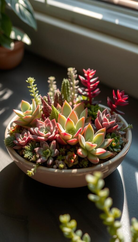 A lush miniature succulent garden nestled in a shallow ceramic dish, the sun's soft rays filtering through the vibrant, textured foliage. Echeveria, jade, and sedum plants in shades of green, purple, and red create a harmonious, naturalistic composition. The arrangement is carefully curated, with each succulent complementing the others in size, shape, and color. Delicate shadows dance across the scene, adding depth and dimension. The overall mood is one of tranquility and balance, inviting the viewer to imagine this micro-landscape as a soothing, self-sustaining ecosystem.
