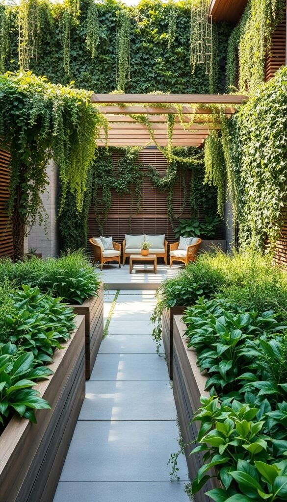 A lush, minimalist garden showcasing sustainable materials. In the foreground, clean-lined wooden planters overflow with verdant native flora. In the middle ground, smooth concrete pavers lead to a central seating area framed by a slatted wood pergola. In the background, a living green wall cascades with trailing vines, casting dappled natural light across the scene. The overall mood is one of serene, organic sophistication, where innovative materials and layout harmonize with the native plants to create a tranquil, eco-friendly oasis.