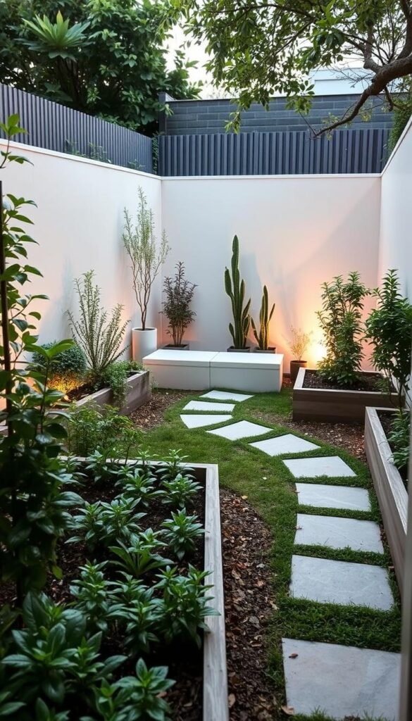 A lush, minimalist small garden with efficient space optimization techniques. In the foreground, carefully curated raised garden beds and vertical plant trellises maximize the growing area. In the middle ground, a winding stone path leads to a compact seating area with a modern, low-profile bench. The background features a sleek, contemporary fence or wall that acts as a space-saving boundary. Warm, natural lighting illuminates the scene, creating a serene and inviting atmosphere. The overall design showcases a harmonious balance of form and function, reflecting the "Smart Small Garden Design Ideas with Efficient Layouts" theme.
