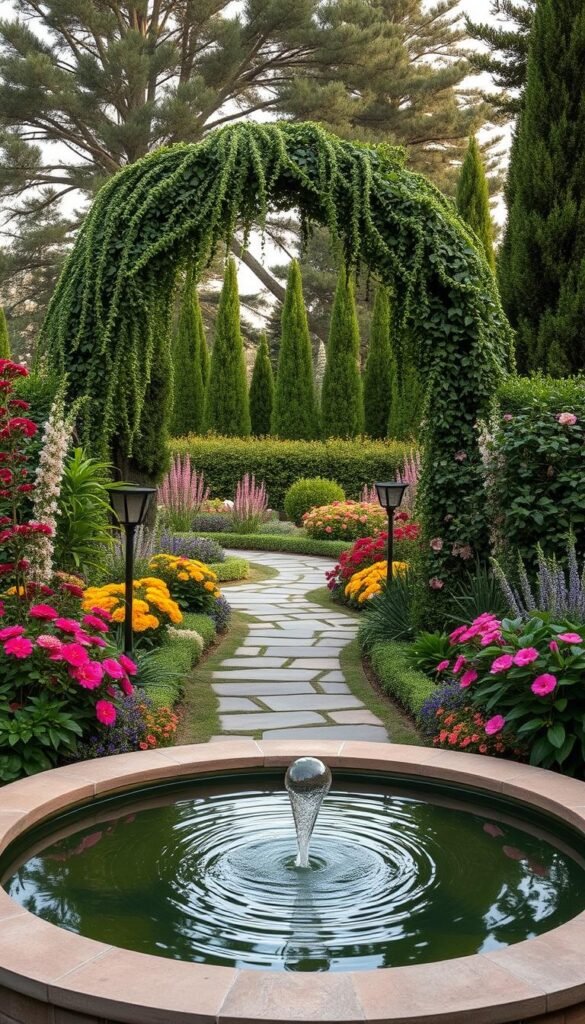 A lush, modern romantic garden design featuring a soothing water feature in the foreground, surrounded by an elegant arrangement of colorful blooms and verdant foliage. The middle ground showcases a winding stone path leading through a whimsical archway draped in cascading vines. In the background, a harmonious mix of tall, swaying trees and shrubs create a tranquil, private oasis, illuminated by soft, natural lighting. The overall scene exudes a sense of enchantment and timeless beauty, inviting the viewer to step into this serene and inviting outdoor sanctuary.