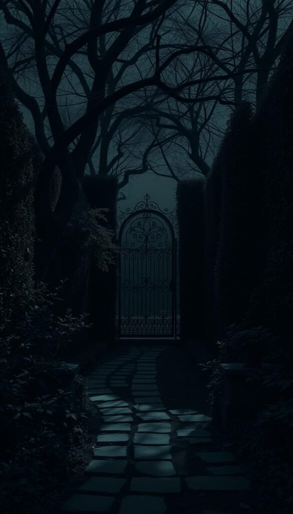 A lush, moody garden setting with dramatic shadows and muted tones. In the foreground, a winding stone path leads through dense foliage, overgrown with trailing vines and dark-hued flora. Towering trees with twisted branches cast long, dramatic shadows across the scene, creating an air of mystery and intrigue. The middle ground features an ornate, iron-wrought garden gate, its intricate details partially obscured by the surrounding greenery. Beyond, a shadowy background hints at a secluded, private space, lit by the soft glow of lanterns or candles, evoking a sense of intimacy and enchantment. The overall composition conveys a haunting, melancholic beauty, inviting the viewer to step into this moody, atmospheric garden.
