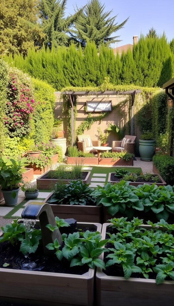 A lush, multi-functional small garden design with a harmonious blend of textures and colors. In the foreground, raised vegetable beds brimming with thriving produce, complemented by a sculptural water feature that gently cascades. The middle ground showcases a charming seating area, surrounded by a diverse arrangement of potted plants and a trellis bursting with climbing vines. In the background, a carefully curated mix of evergreen shrubs and flowering perennials creates a sense of depth and privacy, bathed in the warm glow of the afternoon sun. The overall scene exudes a serene and inviting atmosphere, capturing the potential of a compact yet well-designed outdoor space.