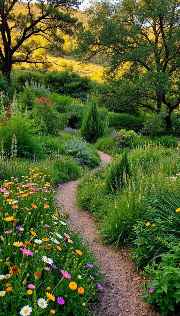 A lush, natural garden landscape with a gentle, meandering path winding through a vibrant tapestry of diverse flora. The foreground features an abundance of native wildflowers, their petals swaying in a soft breeze. The middle ground showcases a mix of verdant shrubs and small trees, their branches intertwining to create a sense of organic harmony. In the background, a rolling hillside is adorned with towering trees, their canopies filtering warm, golden sunlight that casts a serene, tranquil glow over the entire scene. The overall atmosphere evokes a feeling of peace, balance, and a deep connection with the natural world.