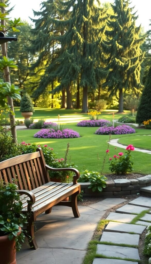 A lush, natural light-filled garden design, featuring a serene patio setting. In the foreground, a rustic wooden bench is flanked by potted plants and trailing vines, inviting visitors to pause and admire the scenery. The middle ground showcases a well-manicured lawn, dotted with vibrant flower beds in hues of pink, purple, and yellow. Tall, stately trees line the background, casting soft, dappled shadows across the scene. The lighting is warm and diffused, creating a tranquil, inviting atmosphere. A gently curving stone path leads the eye through the composition, seamlessly connecting the various elements. This harmonious design blends natural and man-made elements, enhancing the curb appeal and drawing the viewer into this inviting outdoor oasis.