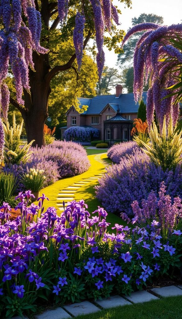 A lush, ornamental purple flower garden basks in warm, golden afternoon light. In the foreground, vibrant clusters of lavender irises, anemones, and clematis vines cascade over a low, stone border. The middle ground features a meandering path lined with dense plantings of purple alliums, bearded iris, and fragrant lilacs. Towering lilac and wisteria trellises frame the scene, casting soft, dappled shadows across the scene. The background reveals a stately manor house with a wrought-iron gazebo, nestled among mature trees. The overall composition conveys a sense of regal elegance and tranquil seclusion.