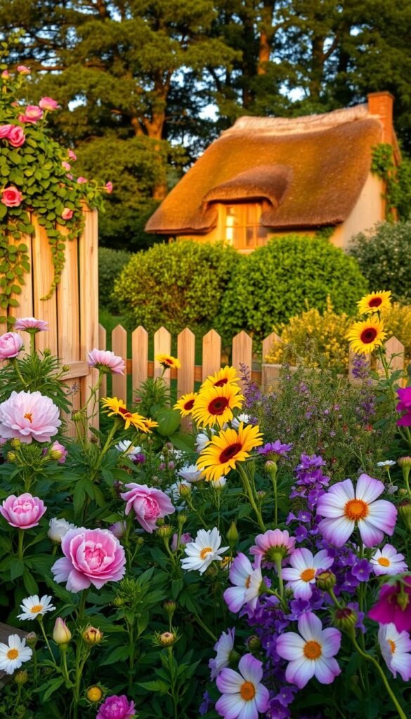 A lush, overgrown cottage garden in the early morning light. The foreground is filled with a vibrant tangle of blooming flowers - delicate peonies, bold sunflowers, and cascading vines of sweet peas. In the middle ground, a weathered wooden fence frames the scene, partially obscured by verdant climbing roses. Beyond, a charming thatched-roof cottage nestled among towering trees, its windows glowing with soft, warm light. The atmosphere is one of rustic, cozy enchantment, inviting the viewer to step into this idyllic, bygone world.