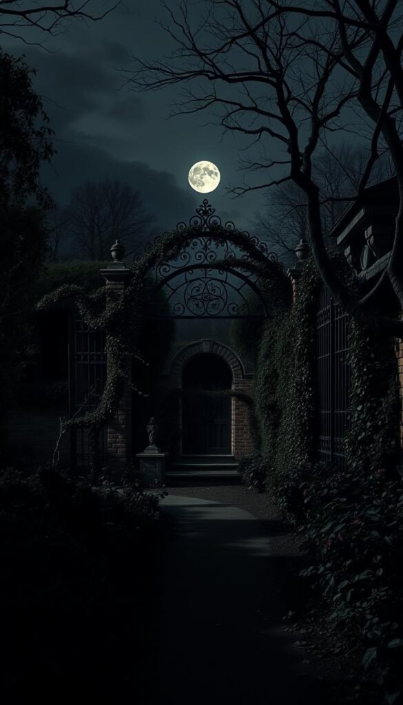 A lush, overgrown gothic garden at dusk, with ornate iron gates and arches draped in vines. In the foreground, a path winds through dark-hued blooms like black roses, nightshade, and midnight peonies. Skeletal trees cast long shadows, and a full moon peeks through wispy clouds. The atmosphere is moody and mysterious, inviting the viewer on a shadowy journey of discovery. The scene is captured with a wide-angle lens, giving a sense of depth and grandeur. Dramatic, chiaroscuro lighting adds depth and drama, creating pockets of illumination and deep pools of shadow.