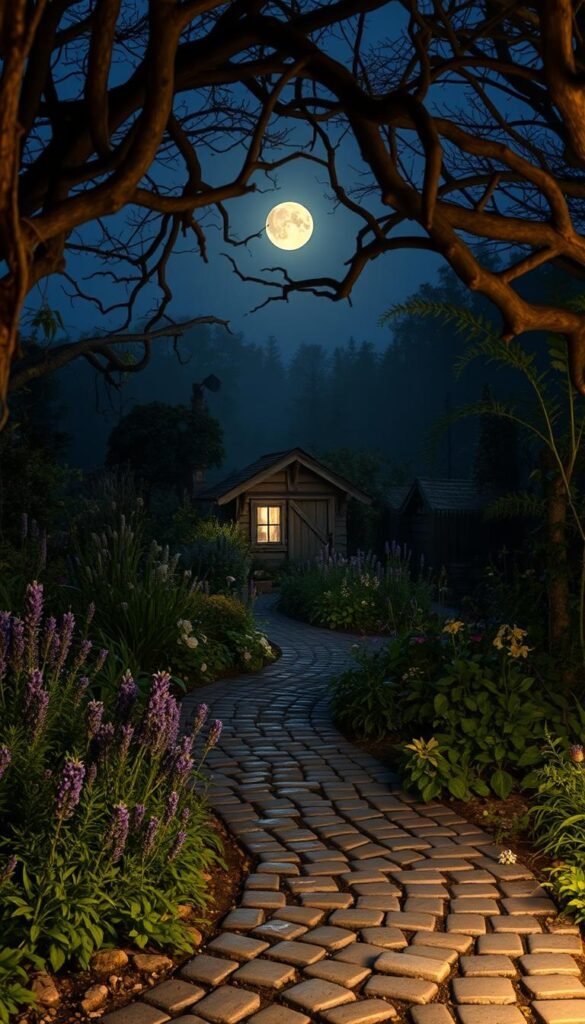 A lush, overgrown witch's garden at dusk, bathed in a soft, warm glow of moonlight. In the foreground, a cobblestone path winds through an abundance of thriving herbs and flowers - lavender, rosemary, nightshade, and more. Gnarled tree branches frame the scene, casting long shadows. In the middle ground, a small, weathered wooden shed sits nestled among the plants, its windows glowing with a faint, mystical light. In the background, a dark, hazy forest looms, hinting at the hidden secrets and ancient magic of this enchanted place. The entire scene has an air of tranquility and timelessness, inviting the viewer to step into a world of natural witchcraft and folklore.
