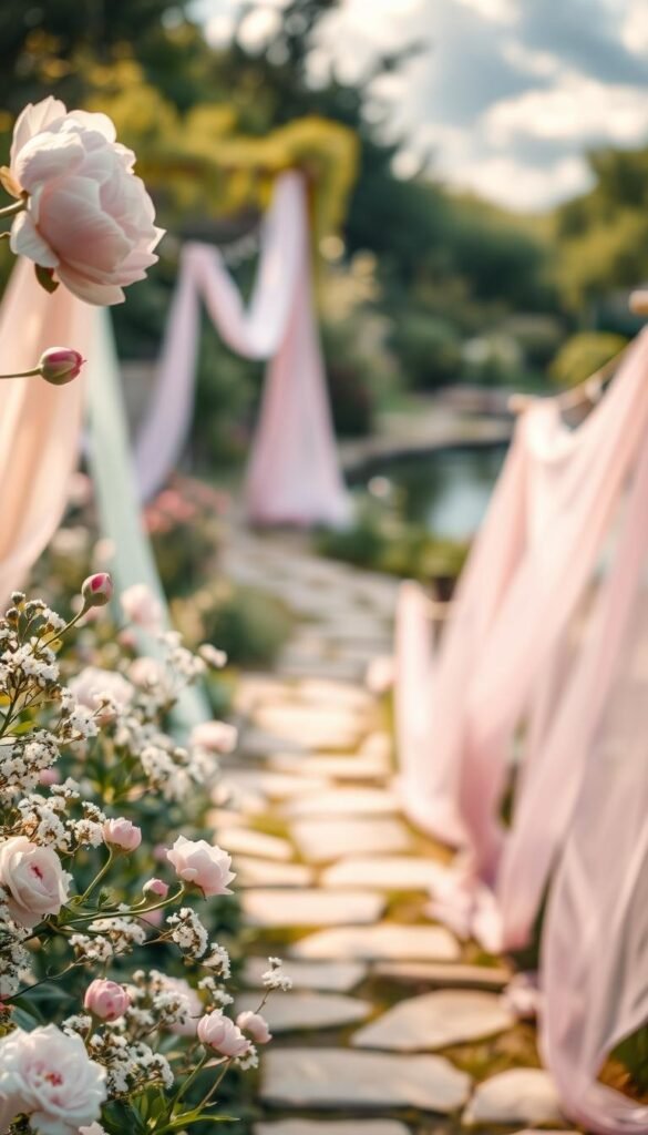 A lush, pastel-hued garden in soft focus, bathed in warm, diffused natural light. In the foreground, delicate flowers sway gently in a light breeze - peony buds, hydrangea blooms, and wispy baby's breath. The middle ground features a winding stone path flanked by sheer, flowing fabrics in muted shades of pink, lavender, and mint, creating a sense of ethereal beauty. The background showcases a tranquil pond, its surface mirroring the colors of the garden. Wispy clouds drift overhead, adding to the serene, dreamlike atmosphere. The entire scene evokes a feeling of calm and tender, romantic grace.
