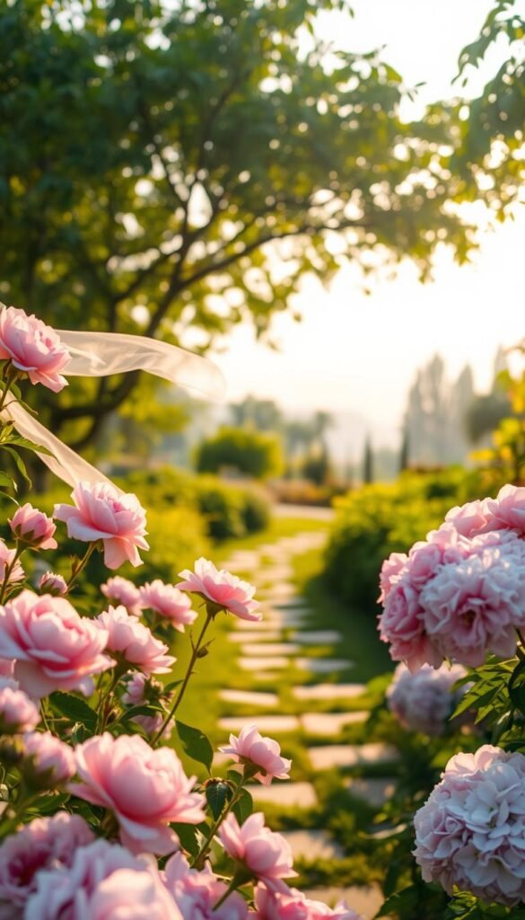 A lush, pastel-hued garden in soft focus, bathed in warm, diffused sunlight. The foreground features a variety of delicate blooms - roses, peonies, and hydrangeas in shades of pink, lavender, and pale blue. Wispy, sheer fabrics drift across the scene, adding a sense of gentle movement. The middle ground showcases a winding stone path lined with verdant foliage, leading the eye into a softly blurred background of leafy trees and a hazy, cloudless sky. The overall atmosphere is one of tranquility, inviting the viewer to step into this serene, romantic oasis.