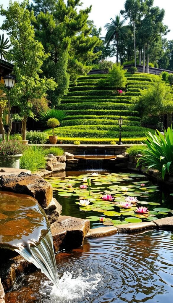 A lush, peaceful water feature design in a serene terrace garden setting. In the foreground, a gently flowing stream or fountain cascades over natural stone formations, creating a soothing ambient sound. The middle ground showcases a well-crafted, partially submerged koi pond, its surface dotted with vibrant water lilies and lotus flowers. In the background, a verdant, tiered landscape rises, framed by towering trees and strategically placed foliage, providing a sense of enclosure and privacy. The lighting is soft and natural, creating a warm, inviting atmosphere that complements the overall tranquil and harmonious composition.