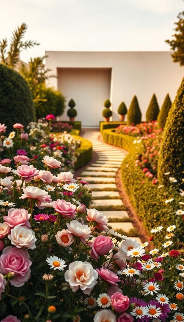 A lush, personalized garden design assessment showcasing the contrast between a charming cottage-style floral arrangement and a sleek, modern landscape. In the foreground, an abundance of vibrant blooms in a variety of colors and textures - delicate roses, billowing peonies, and cheerful daisies. The middle ground features a well-manicured pathway winding through the garden, flanked by precisely pruned hedges and sculpted topiaries. In the background, a minimalist architectural structure with clean lines and a neutral color palette provides a striking juxtaposition. Soft, diffused natural lighting casts a warm, golden glow over the entire scene, evoking a sense of tranquility and balance. The overall composition highlights the harmony between traditional and contemporary garden design elements, inviting the viewer to envision their own perfect outdoor oasis.