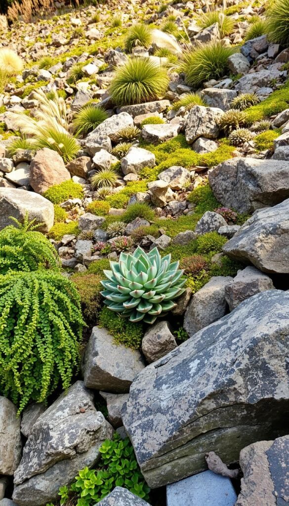A lush rock garden filled with diverse textures and captivating depth. In the foreground, rugged boulders and weathered stones create a striking contrast against the soft, cascading foliage. The middle ground features a delicate arrangement of succulents and alpine plants, their intricate patterns and muted hues adding visual interest. In the background, a gently sloping landscape is dotted with clusters of ornamental grasses, their feathery plumes swaying softly in the warm, natural light. The overall scene evokes a sense of tranquility and harmony, inviting the viewer to immerse themselves in the beauty of this meticulously designed rock garden.