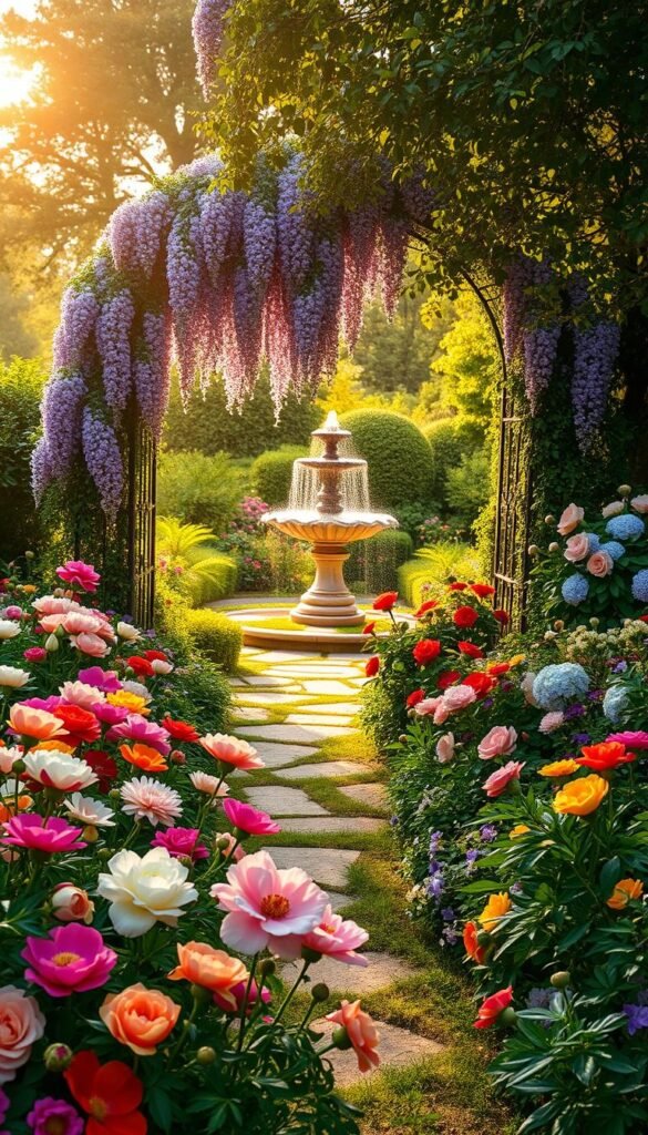 A lush, romantic Victorian garden with abundant flower beds overflowing with vibrant blooms. In the foreground, a mix of colorful peonies, roses, and poppies spill out from the edges, their petals gently swaying in a soft breeze. The middle ground reveals a meandering stone path leading through an ornate wrought-iron arch, draped with cascading wisteria vines. In the background, a shimmering ornamental fountain stands as the centerpiece, surrounded by a verdant tapestry of ferns, azaleas, and hydrangeas. Warm, golden afternoon light filters through the canopy of mature trees, casting a dreamlike glow over the entire scene. The overall atmosphere is one of enchantment and timeless beauty, inviting the viewer to step into this lush, romantic outdoor retreat.