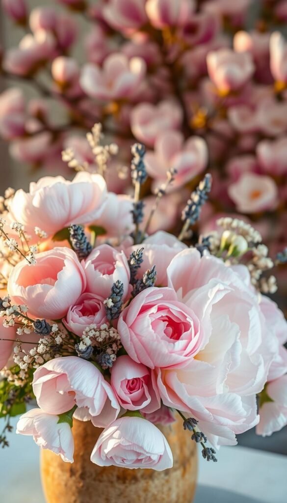 A lush, romantic arrangement of soft pink blooms fills the frame, bathed in warm, golden light. In the foreground, fluffy peonies and delicate garden roses spill out from a rustic ceramic vase, their petals gently curling. The middle ground features wispy stems of lavender and wispy baby's breath, adding airy texture. In the background, a hazy, out-of-focus field of pink cherry blossoms or magnolias creates a dreamy, pastel-hued backdrop. The lighting is diffused and flattering, evoking a sense of tranquility and graceful elegance. The overall composition is balanced and harmonious, showcasing the beauty and effortless charm of this delicate, feminine floral display.