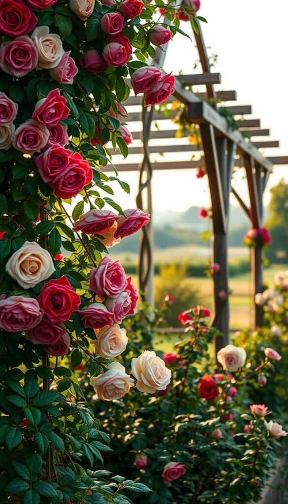 A lush, romantic garden scene showcasing the graceful interplay of hybrid tea and climbing roses. In the foreground, vibrant blooms of crimson, pink, and creamy white petals cascade down a delicate trellis structure. Delicate light filters through the verdant foliage, casting a warm, golden glow that highlights the roses' intricate textures. In the middle ground, the roses' long, arching canes wind their way up a rustic wooden arbor, creating a visually striking architectural element. The background features a tranquil, blurred landscape, hinting at a classic English garden setting. The overall mood is one of timeless elegance and harmonious integration of the roses' structural and flowering elements.