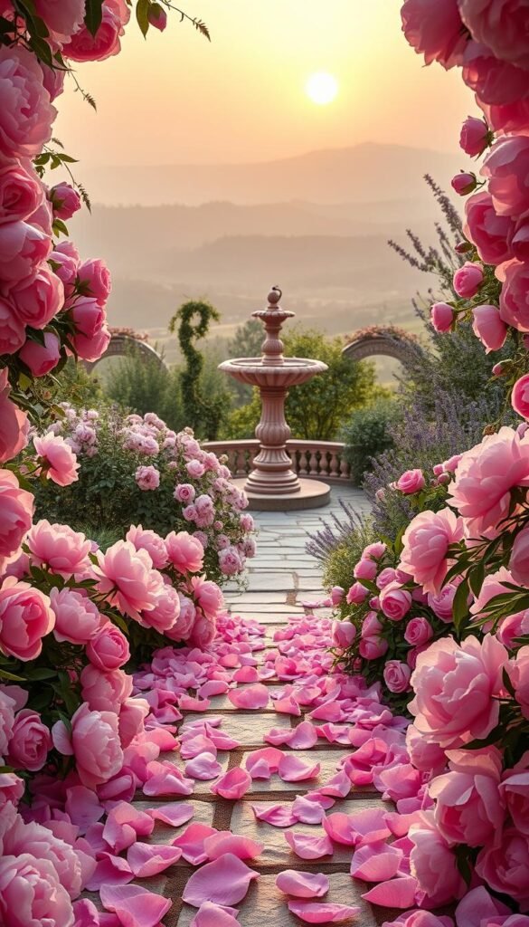 A lush, romantic pink garden design featuring an abundance of soft, velvety rose petals cascading over a winding stone path. The foreground showcases a vibrant display of delicate pink peonies, their large, billowing blooms framing the entrance to the garden. In the middle ground, an ornate stone fountain stands surrounded by trailing vines and clusters of fragrant jasmine flowers. The background reveals a dreamy, hazy landscape with rolling hills dotted with more pink roses and lavender bushes, all bathed in the warm glow of a setting sun. The overall atmosphere is one of serene beauty, inviting the viewer to step into this enchanting, whimsical floral oasis.