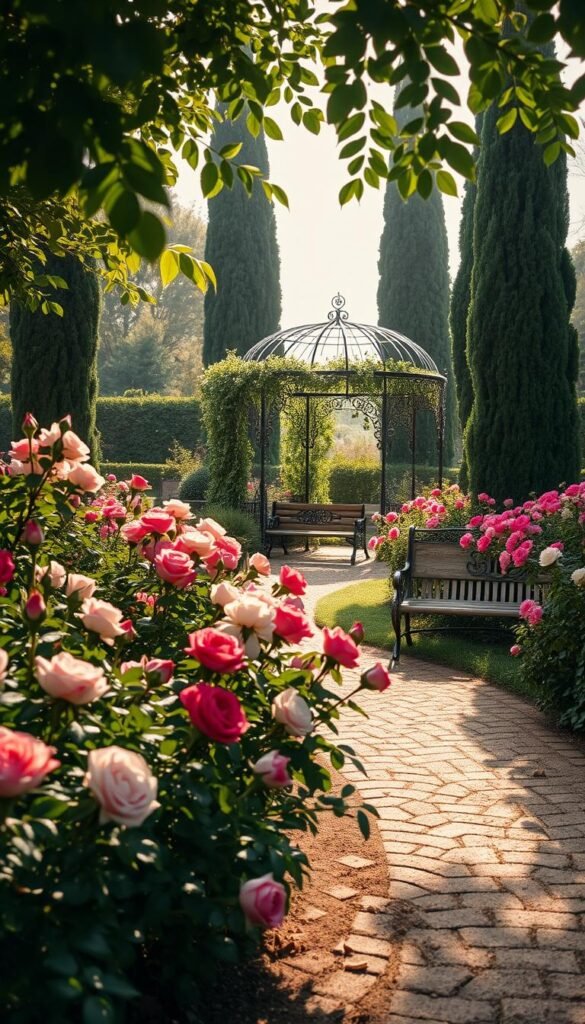 A lush, romantic rose garden in soft morning light. In the foreground, a winding path lined with blooming rose bushes in shades of pink, red, and white. Dappled sunlight filters through the canopy of verdant leaves overhead. In the middle ground, a rustic wooden bench invites visitors to pause and admire the tranquil scene. The background features a ornate wrought-iron gazebo draped in cascading vines, framed by towering cypress trees. An air of timeless elegance and serenity pervades the space, creating a truly enchanting atmosphere.