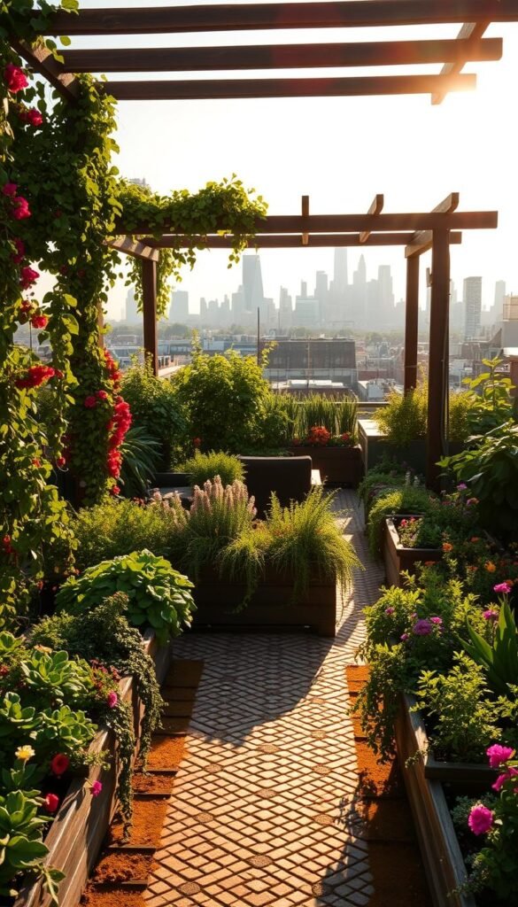 A lush rooftop garden adorned with vibrant greenery, cascading vines, and colorful blooms, bathed in warm, golden afternoon sunlight. In the foreground, an intricate mosaic pathway winds through flourishing raised beds filled with a diverse array of thriving plants. Towards the middle, a rustic wooden pergola casts gentle shadows, creating a cozy, intimate seating area. In the background, the skyline of a bustling city skyline serves as a striking contrast, highlighting the tranquil oasis that this rooftop garden has become. The scene evokes a sense of historical significance, as if this urban retreat has been cultivated over generations, offering a glimpse into the rich tradition and restorative benefits of rooftop gardening.