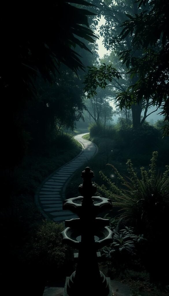 A lush, secluded garden with a winding path leading through a dense, verdant landscape. Dramatic shadows cast by the foliage create an atmospheric, moody ambiance, as soft, dramatic lighting filters through the canopy. In the foreground, a focal point is highlighted, perhaps a weathered stone fountain or a sculptural element, its details accentuated by the dramatic lighting. The middle ground features a mix of textured plantings, their varied colors and shapes creating visual interest. The background recedes into a hazy, dreamy horizon, adding depth and mystery to the scene. The overall mood is one of contemplative tranquility, inviting the viewer to immerse themselves in the serene, enigmatic atmosphere of this enchanting garden.