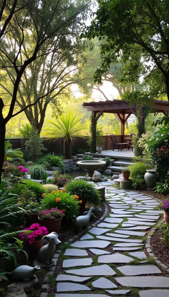 A lush, serene garden oasis with a harmonious blend of natural elements. In the foreground, a winding stone pathway leads through a vibrant mix of flowering plants, potted greenery, and ornamental sculptures. The middle ground features a tranquil water feature, its soothing sounds complemented by the gentle rustling of trees in the soft, warm light. In the background, a thoughtfully designed pergola or gazebo provides a cozy, shaded retreat, inviting visitors to pause and soak in the peaceful ambiance. The overall scene evokes a sense of balance, relaxation, and a deep connection with the natural world.