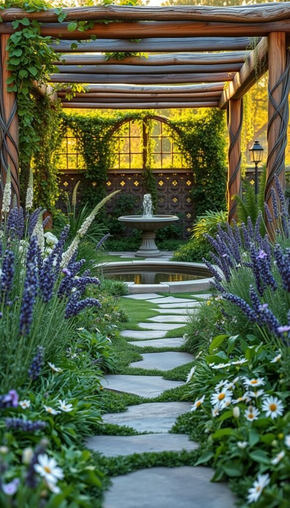 A lush, serene wellness garden design with a captivating centerpiece. In the foreground, a meandering stone path leads through a vibrant tapestry of culinary and medicinal herbs - fragrant lavender, aromatic rosemary, and soothing chamomile. Scattered amidst the greenery, delicate flowers in soft pastel hues add pops of color. The middle ground features a tranquil water feature, its gentle ripples reflecting the surrounding foliage. In the background, a rustic wooden pergola entwined with climbing vines creates a serene, natural ambiance. Warm, diffused sunlight filters through, casting a golden glow and inviting visitors to pause and bask in the therapeutic atmosphere.