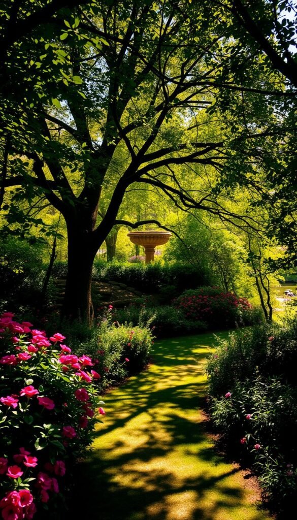 A lush, shaded garden oasis with dappled sunlight filtering through verdant foliage. In the foreground, a winding path meanders through a tapestry of vibrant flowers and flowering shrubs, casting intricate shadows across the ground. Towering trees in the middle ground provide a canopy of shade, their branches creating a dynamic interplay of light and dark. In the background, a serene water feature reflects the dancing patterns of light, creating a calming, tranquil atmosphere. The scene is bathed in a warm, golden glow, conveying a sense of tranquility and romance. A dream-like, impressionistic interpretation of a harmonious, bloom-filled garden design.