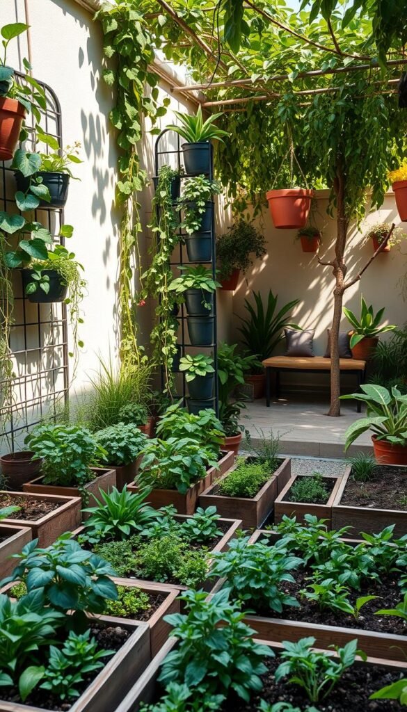 A lush, small-scale urban garden showcasing ingenious layout solutions for maximizing limited space. The foreground features an orderly arrangement of compact raised planters, brimming with a vibrant variety of herbs, vegetables, and trailing vines. The middle ground introduces a vertical garden system, with stacked modular planters cascading down a trellis structure, optimizing the vertical dimension. In the background, a cozy seating area is nestled amidst a canopy of leafy potted plants, creating an intimate, secluded oasis. The scene is bathed in warm, natural lighting, casting soft shadows and highlighting the textures and colors of the verdant foliage. The overall composition exudes a sense of harmony, productivity, and tranquility, embodying the spirit of a functional yet stylish small-space garden solution.