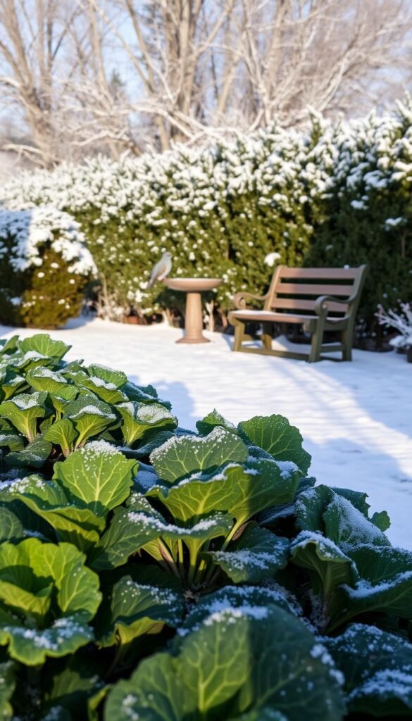 A lush, snow-covered winter garden in soft, diffused light. In the foreground, vibrant kale and spinach plants thrive, their leaves glistening with morning dew. In the middle ground, a wooden garden bench sits beside a birdbath, inviting contemplation. The background features a hedgerow of evergreen shrubs, their branches laden with a light dusting of snow, creating a sense of tranquility and seclusion. Shadows cast by the low winter sun add depth and texture, while the overall palette is muted and serene, evoking the peaceful embrace of the winter season.