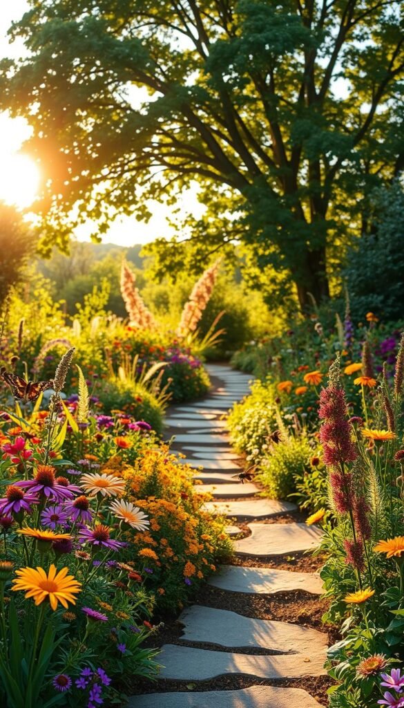 A lush, sprawling pollinator garden in warm, golden afternoon light. In the foreground, a diverse array of native flowering plants, their petals unfurled and buzzing with honeybees, butterflies, and other pollinators. The middle ground features a meandering stone path, flanked by vibrant wildflowers and foliage in a riot of colors. In the background, a verdant canopy of trees provides a natural backdrop, dappled sunlight filtering through the leaves. The overall scene exudes a sense of harmony and abundance, inspiring visitors to cultivate their own pollinator-friendly oasis.