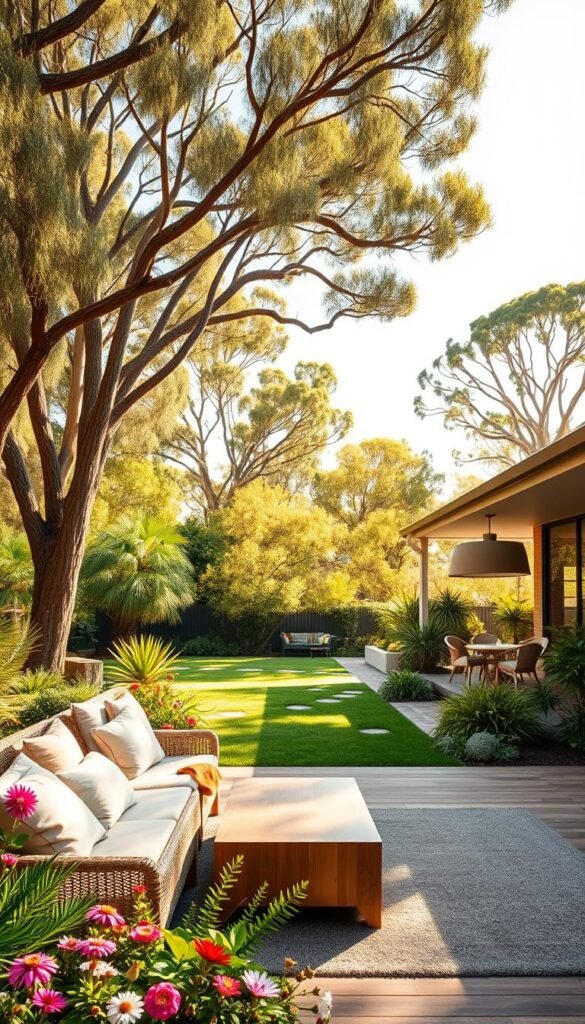 A lush, sun-dappled Australian garden, with a beautifully designed outdoor living space. In the foreground, a cozy seating area with plush cushions and a low, natural-wood coffee table, surrounded by vibrant native plants and flowers. In the middle ground, a wooden deck leads to a covered patio with a modern, minimalist design, featuring comfortable wicker furniture and a large, statement light fixture. The background showcases a harmonious blend of towering eucalyptus trees, their canopies casting a warm, golden glow across the scene. The overall atmosphere is one of tranquility, inviting the viewer to relax and immerse themselves in the beauty of the native Australian landscape.