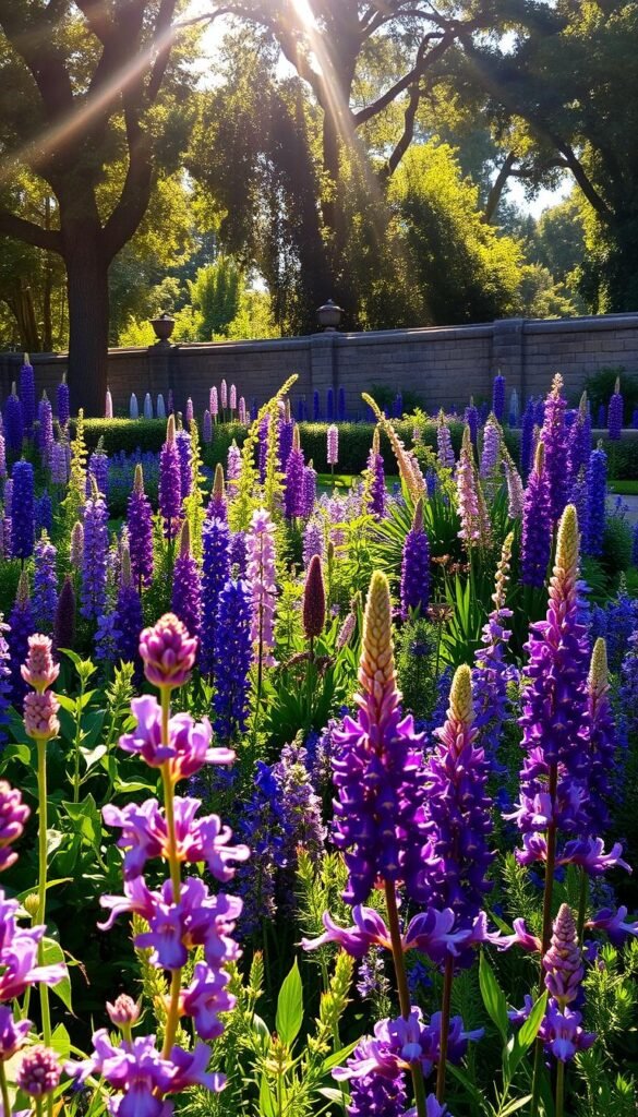 A lush, sun-dappled garden bursting with vibrant purple flowers, their petals glowing in the warm, golden light. In the foreground, delicate lavender blooms sway gently in a soft breeze, their fragrance carried on the air. The midground features a harmonious mix of complementary purple and green hues, with lupins, irises, and other showy perennials cascading across the landscape. In the background, a low stone wall frames the scene, creating a sense of depth and enclosure. The lighting is soft and natural, with rays of sunlight filtering through the canopy of trees overhead, casting a beautiful, dappled effect across the entire garden. The overall mood is one of tranquility and elegance, perfect for showcasing the regal beauty of a purple flower garden.