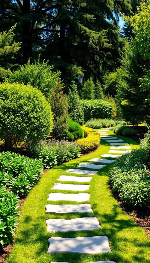 A lush, sun-dappled garden path snakes through an immaculately manicured landscape. In the foreground, carefully placed stepping stones guide the eye towards a serene focal point, perhaps a graceful water feature or a well-tended flowerbed. The middle ground showcases a thoughtfully curated selection of verdant shrubs and perennials, their foliage creating a tapestry of complementary textures and hues. In the background, towering trees cast gentle shadows, imbuing the scene with a sense of tranquility. The lighting is soft and natural, with highlights accentuating the path's curves and the vibrant colors of the surrounding flora. This image captures the essence of a well-planned garden path, inviting the viewer to explore the harmonious interplay of form, function, and aesthetic appeal.