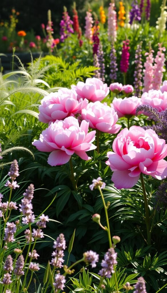 A lush, sun-dappled garden scene showcasing a vibrant array of companion plants thriving alongside verdant peony bushes. In the foreground, clusters of delicate lavender blossoms and wispy ornamental grasses sway gently. The middle ground features the peony plants, their voluptuous pink flowers in full bloom, complemented by the deep green foliage of hostas and ferns. In the background, a row of colorful, fragrant delphiniums adds height and dimension to the composition. Soft, warm lighting filters through the scene, casting a gentle glow and creating an inviting, peaceful atmosphere. The entire image conveys the ideal harmony and synergy of a well-designed peony garden.