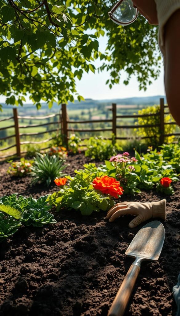 A lush, sun-dappled garden scene, with a person thoughtfully examining the soil and layout of a potential vegetable patch. In the foreground, a trowel and gardening gloves rest on the rich, dark earth, hinting at the careful preparation to come. The middle ground features a range of healthy greens and vibrant blooms, their colors and textures suggesting the bountiful harvest to be. In the background, a wooden fence and a picturesque rural landscape provide a serene, countryside ambiance, inviting the viewer to envision the tranquility of this thriving oasis. Soft, natural lighting filters through the scene, creating a warm, welcoming atmosphere that captures the essence of choosing the perfect garden space.