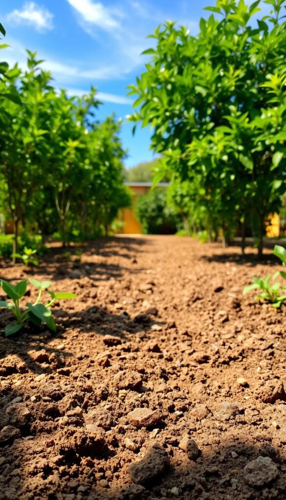 A lush, sun-dappled garden scene, with rich, loamy soil in the foreground, gently sloping towards a vibrant, warm-toned horizon. Soft, diffused light filters through the verdant canopy above, casting delicate shadows across the earth. The soil appears nutrient-dense, with a crumbly, fertile texture, ready to nourish a variety of thriving plants. In the middle ground, a scattering of pebbles and small rocks adds visual interest and texture, while the background showcases a clear, azure sky, dotted with wispy, ethereal clouds. The overall impression is one of tranquility, growth, and the harmonious balance of the essential garden conditions.