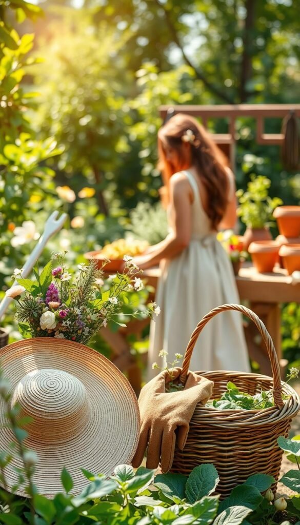 A lush, sun-dappled garden scene. In the foreground, an arrangement of whimsical, feminine accessories: a straw hat adorned with delicate wildflowers, a wicker basket brimming with freshly picked blooms, and a pair of sturdy yet stylish gardening gloves. The middle ground features a young woman, her flowing sundress complementing the verdant surroundings, as she tends to her thriving plants. In the background, a wooden potting bench laden with terracotta pots and gardening tools, all bathed in a warm, golden light. The overall atmosphere evokes a sense of tranquility, passion, and a deep connection to the natural world.