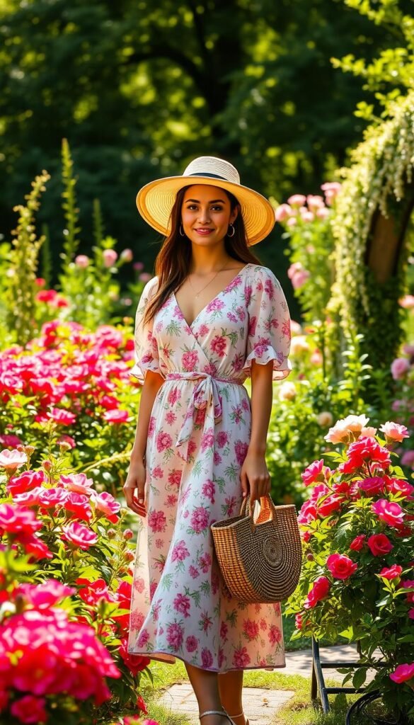 A lush, sun-dappled garden serves as the backdrop for a stylish garden party outfit. In the foreground, a model stands amidst vibrant blooms, wearing a breezy floral midi dress with a cinched waist and puff sleeves. Complementing the floral theme, the model accessorizes with a wide-brimmed straw hat, delicate gold jewelry, and a woven tote bag. The lighting is soft and warm, casting a natural glow over the scene. The overall mood is one of effortless elegance, perfectly capturing the intersection of practicality and style for an outdoor gathering.