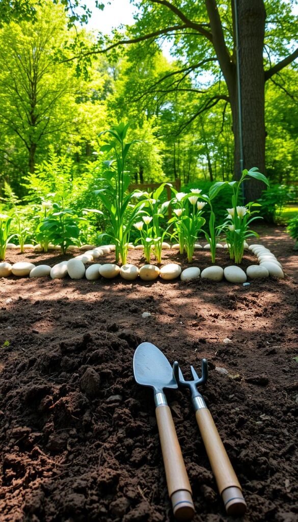 A lush, sun-dappled garden setting, the ground freshly tilled and ready for planting. In the foreground, a pile of nutrient-rich soil and compost, awaiting the careful placement of lily bulbs. Gardening tools, such as a trowel and hand fork, lie nearby, hinting at the meticulous preparation required. The middle ground features a raised planting bed, its edges neatly lined with river stones, creating a welcoming and orderly space. In the background, a verdant backdrop of towering trees and vibrant green foliage, casting a warm, natural glow over the scene. The overall atmosphere exudes a sense of tranquility and anticipation, as if the garden is poised to bloom with the delicate, fragrant lilies.