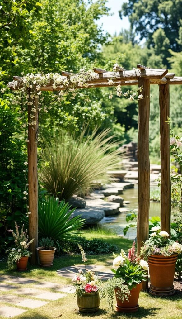 A lush, sun-dappled garden setting with a handcrafted wooden wedding arbor as the focal point. The arbor features delicate vines and blooming flowers cascading across its rustic beams, creating a whimsical, romantic atmosphere. In the foreground, there are thoughtfully arranged potted plants and floral arrangements, while the background showcases a backdrop of verdant foliage and a tranquil pond or stream. The lighting is soft and natural, with gentle shadows and highlights that accentuate the organic textures and colors. The overall scene evokes a sense of effortless beauty and a personalized, DIY aesthetic suitable for a garden wedding.